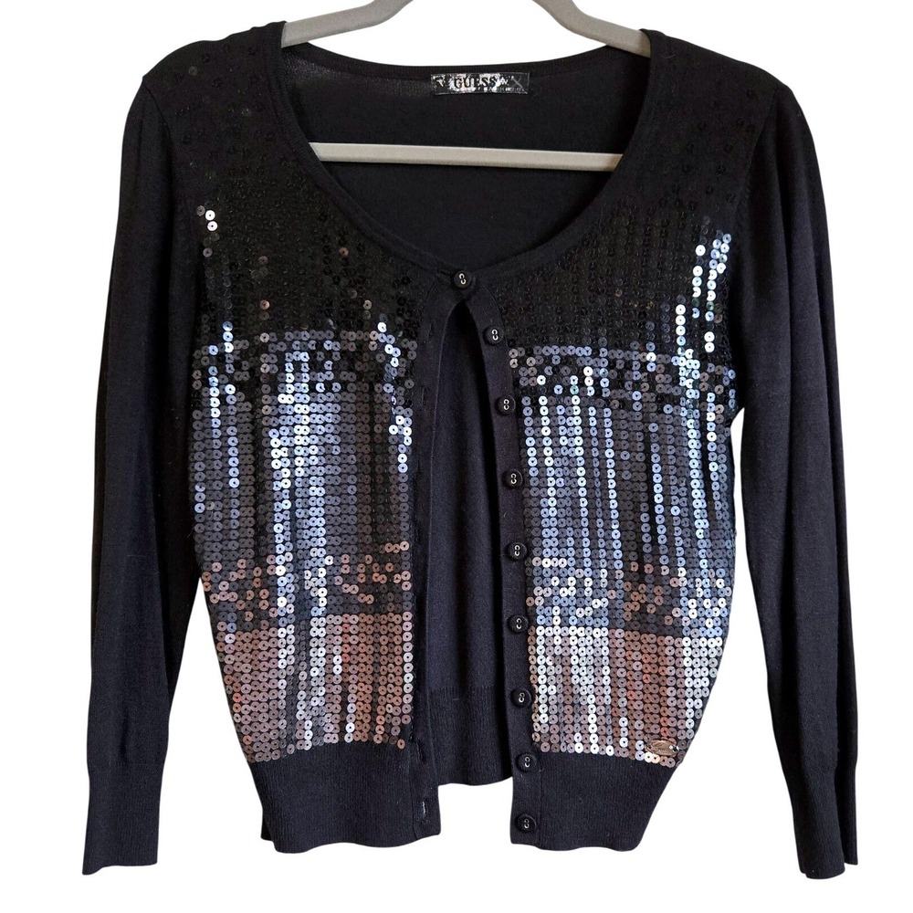 GUESS‎ Black Whimsygoth Sequin Gradient Button Front Cardigan Sweater Womens M